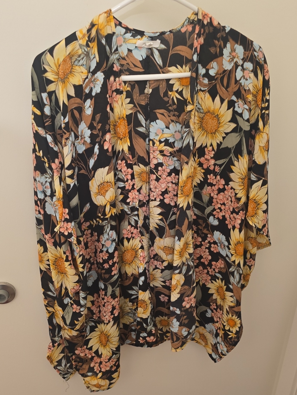 Maurices Black Floral Open-Front Kimono with Yellow Sunflowers